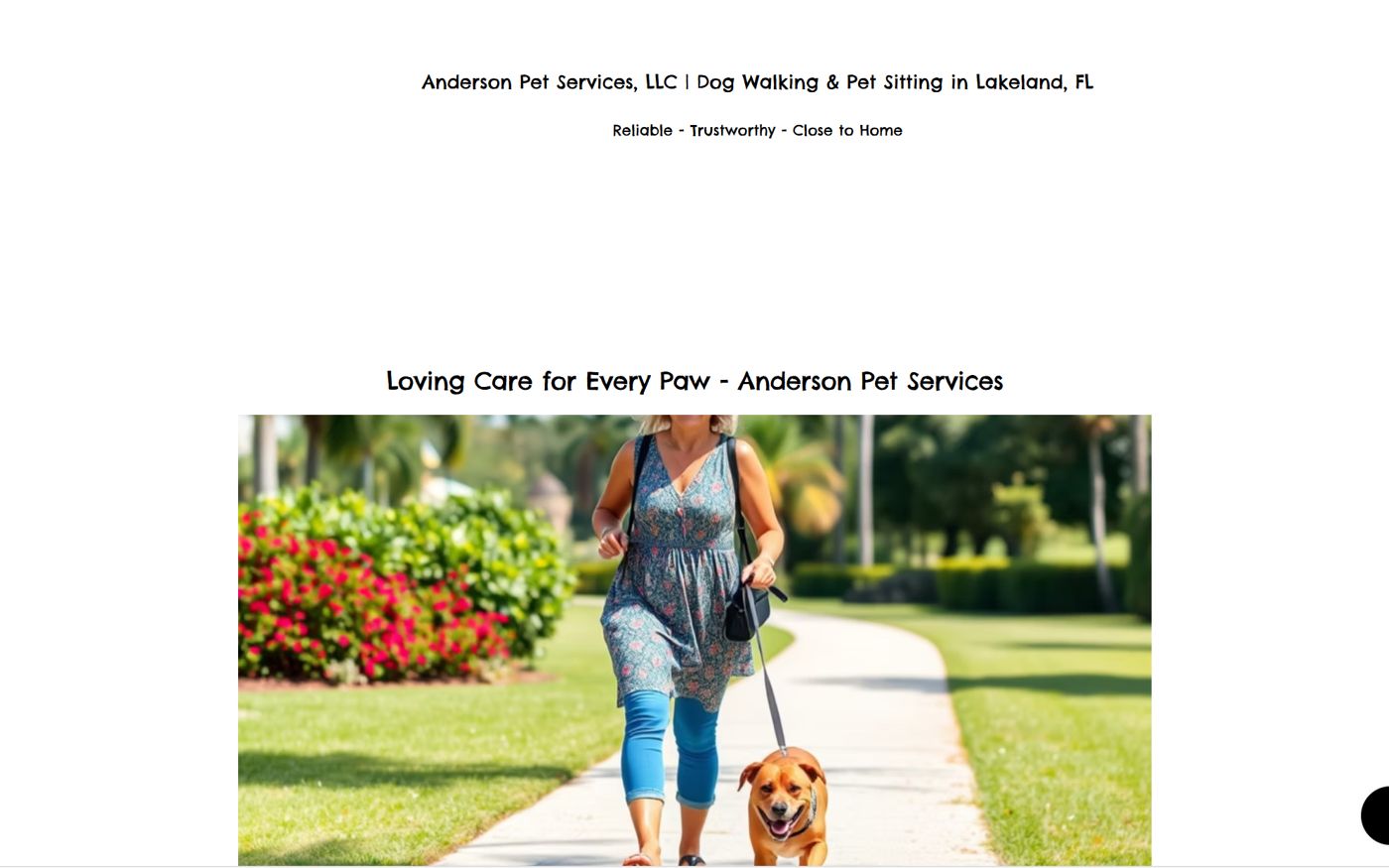 Anderson Pet Services' old website: a plain white page with a centered title and one photo