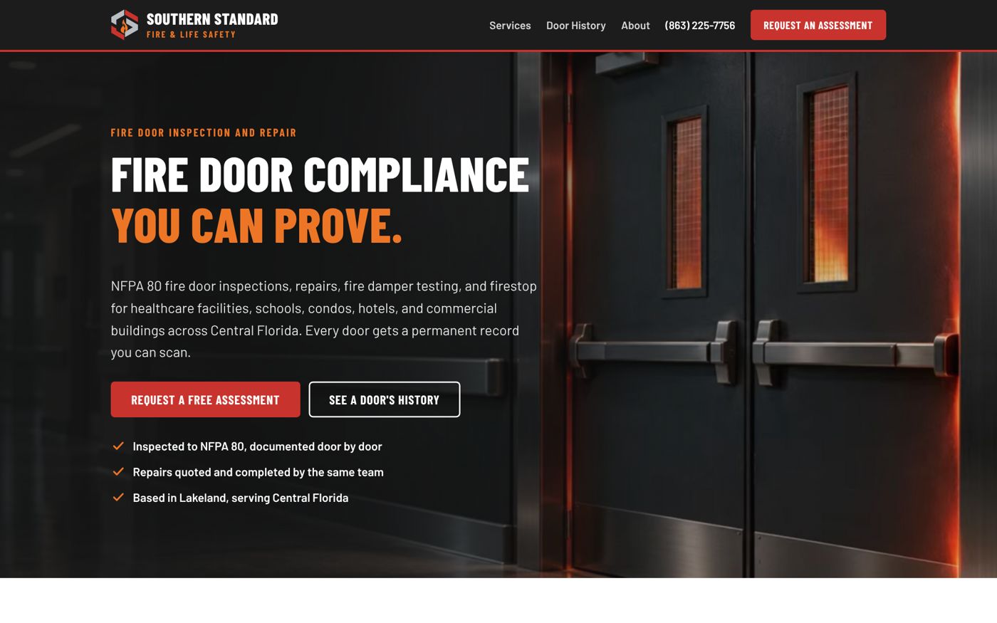 Southern Standard Fire and Life Safety website: dark hero with the headline Fire door compliance you can prove