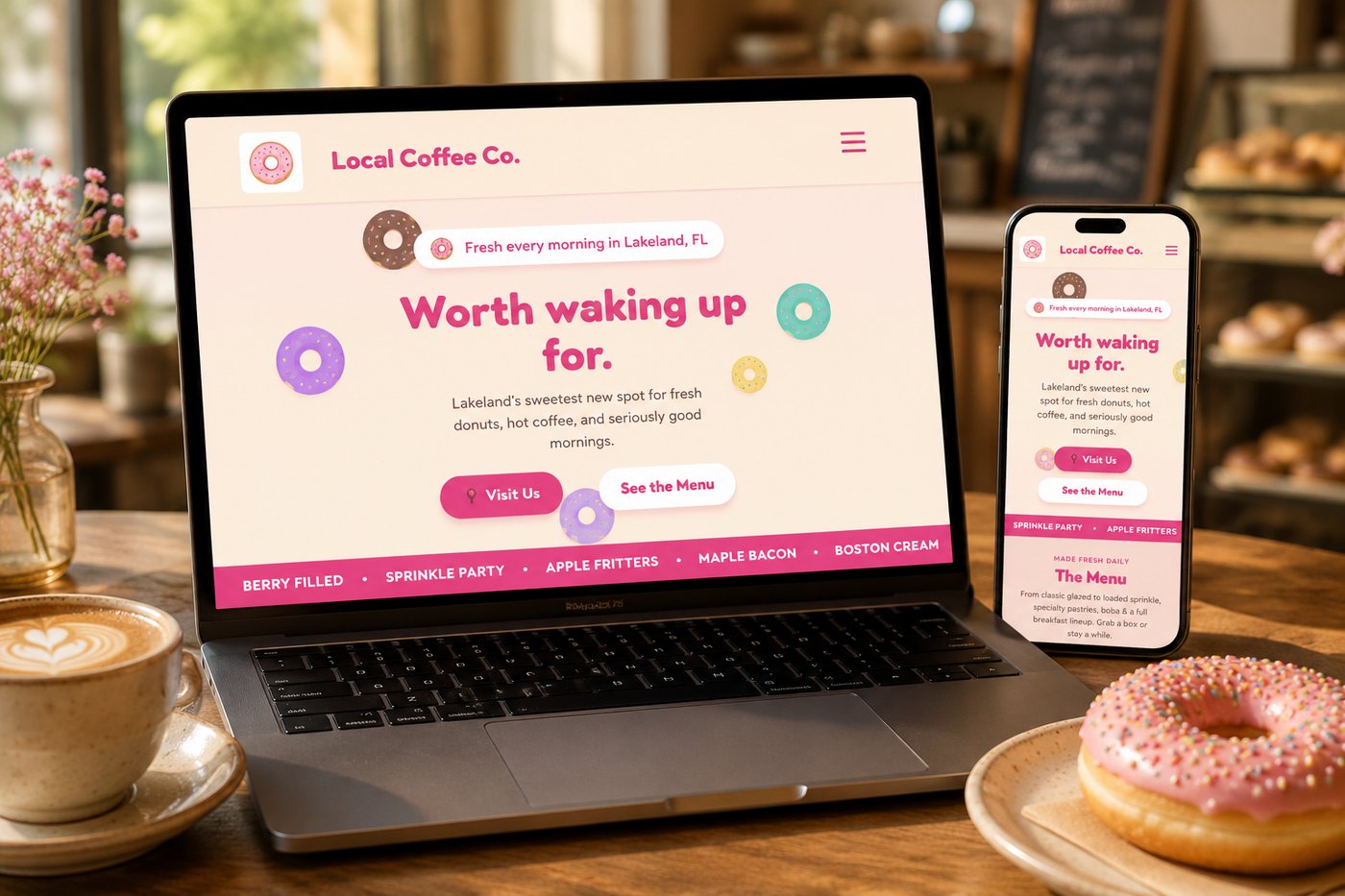 Coffee and donut shop website design shown on laptop and phone