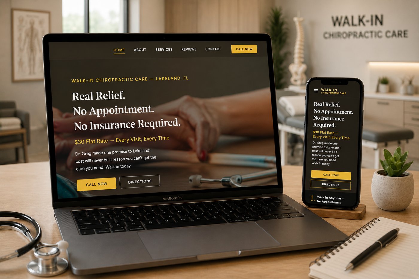 Walk-in chiropractic website design shown on laptop and phone